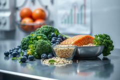 Healthy food arrangement featuring salmon, broccoli, blueberries, oranges, and oats. Vibrant colors highlight a nutritious diet concept. A kitchen setting showcases fresh ingredients for wellness and balanced eating.