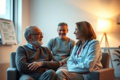 Senior man in consultation with a female doctor and another man in a warm, brightly lit room. Healthcare, elderly care, and medical consultation themes are present. Focus on patient well-being and doctor-patient relationship.