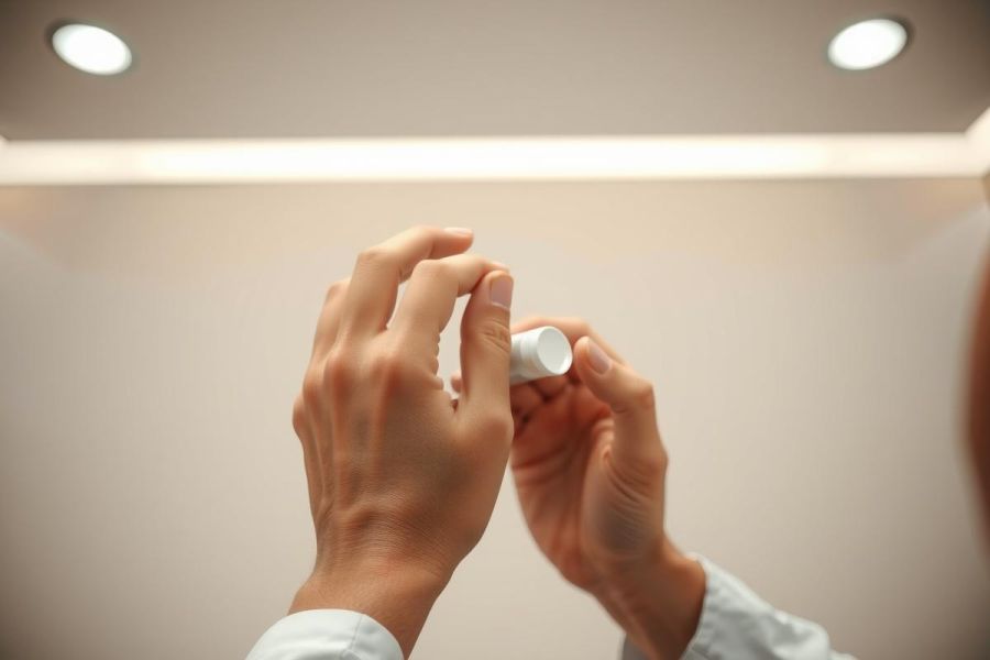 Close-up of hands holding a small white container, possibly skincare or cosmetic product. Clean, bright environment with soft lighting. Focus on product and hands.