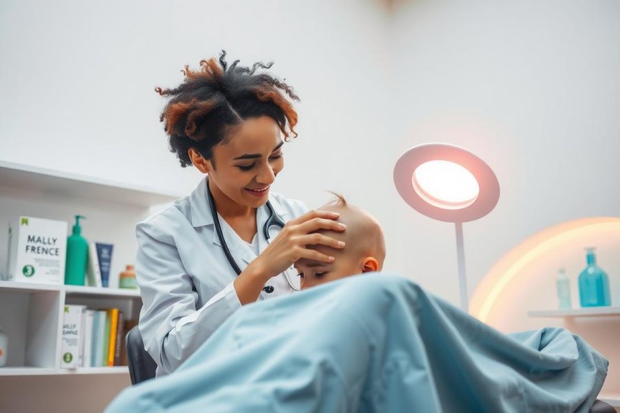 A dermatologist examines a patient's scalp during a medical consultation. The doctor wears a white coat and the patient lies on an examination table in a brightly lit clinic setting. Focus on skincare and dermatology.