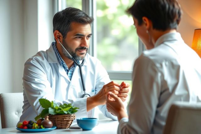 Doctor examining a patient in a bright, modern office. Focus on healthcare consultation, medical checkup, and wellness. Warm lighting and a calming environment.