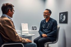 Doctor and patient discuss results in a modern medical office. The doctor, wearing a stethoscope, smiles while reviewing paperwork. Ultrasound images are visible on the wall. A healthcare consultation scene with warm, neutral tones.
