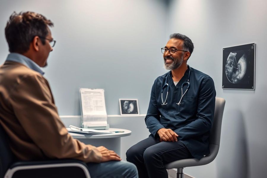 Doctor and patient discuss results in a modern medical office. The doctor, wearing a stethoscope, smiles while reviewing paperwork. Ultrasound images are visible on the wall. A healthcare consultation scene with warm, neutral tones.