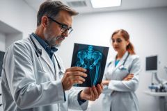 Doctor examining an X-ray of a pelvis in a modern medical clinic. The image features a male physician in white coat analyzing the blue-toned radiograph, with another healthcare professional in the background. Focus on diagnostic imaging and orthopedic healthcare.