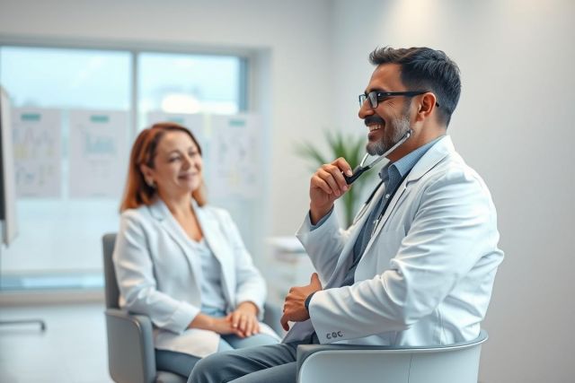 Healthcare professionals in a modern office setting. A male doctor in a white coat discusses with a female colleague, showcasing a professional medical consultation. Bright, clean environment with natural light.