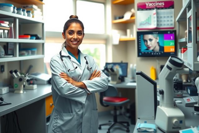 A woman in a white lab coat is standing with her arms crossed, smiling at the camera. She is in front of a laboratory bench covered with scientific equipment such as test tubes and microscope slides. The environment suggests a modern medical or scientific research facility.