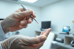 Medical professional in gloves holds a scalpel, likely in a surgical or examination setting. Close-up view with blurred background showing medical equipment.