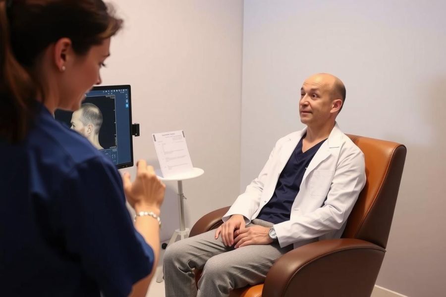Doctor examining a patient's X-ray in a medical office. A healthcare professional reviews an image while the patient sits comfortably. Clinical setting, diagnostic imaging, healthcare.