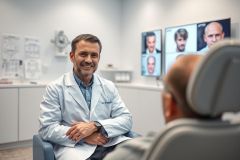 Hair transplant consultation. A smiling doctor in a white coat discusses options with a patient in a modern clinic. Displays show before and after hair restoration results. Focus on health, medical procedures, and cosmetic surgery in a clean, professional environment.