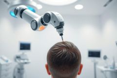 Robotic surgery in a modern, sterile medical environment. A robotic arm performs a procedure on a patient's head. Focus on precision and advanced technology within a bright, white operating room setting.