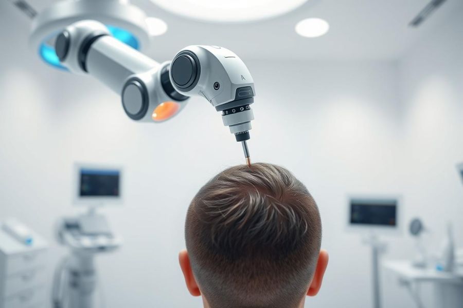 Robotic surgery in a modern, sterile medical environment. A robotic arm performs a procedure on a patient's head. Focus on precision and advanced technology within a bright, white operating room setting.