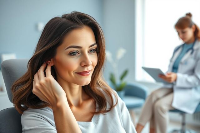 Woman in a doctor's office waiting room. A smiling patient sits comfortably while a female doctor examines a tablet in the background. Soft blue and neutral tones create a calm, healthcare environment. Focus on wellness and medical consultation.