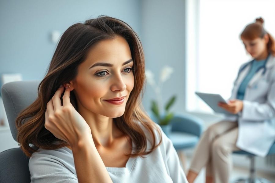 Woman in a doctor's office waiting room. A smiling patient sits comfortably while a female doctor examines a tablet in the background. Soft blue and neutral tones create a calm, healthcare environment. Focus on wellness and medical consultation.