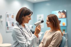 Doctor examining patient's eye with a specialized device in a bright blue medical clinic. Healthcare professional performs eye test, showcasing medical technology and patient care. Focus on wellness and preventative health checkups.