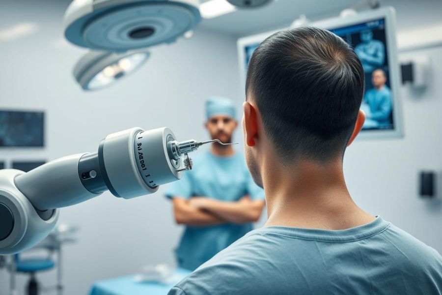 Robotic surgery in a modern operating room. A surgical robot arm is poised near a patient, with medical staff in blue scrubs observing. Bright, sterile lighting and a monitor displaying medical imagery create a clinical environment. Focus on precision and advanced medical technology.