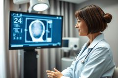 Female doctor in a medical clinic examining a facial MRI scan on a monitor. The image showcases healthcare technology, diagnostics, and a professional medical setting with blue and white tones.