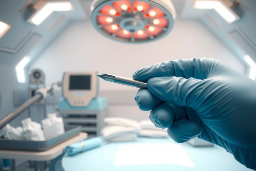 Close-up of a gloved hand holding a surgical scalpel in an operating room setting. Focused on medical tools and equipment, with a sterile environment and bright lighting.
