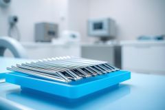 Close-up of surgical instruments on a blue tray in a sterile medical environment. Shiny silver tools are arranged neatly against a blurred background of white and grey equipment, suggesting a dental or surgical clinic. Focus is sharp on the instruments, creating a clinical and professional feel.