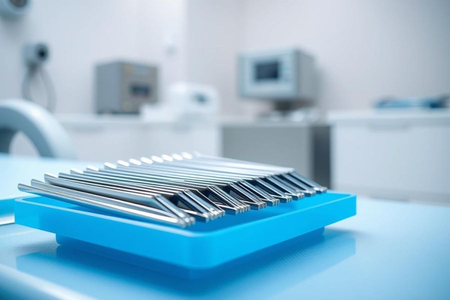 Close-up of surgical instruments on a blue tray in a sterile medical environment. Shiny silver tools are arranged neatly against a blurred background of white and grey equipment, suggesting a dental or surgical clinic. Focus is sharp on the instruments, creating a clinical and professional feel.