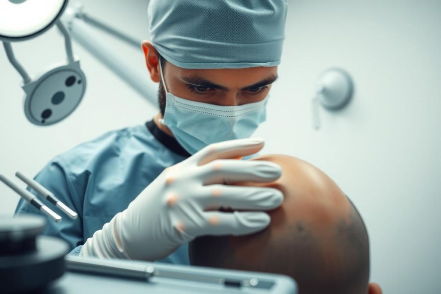Surgeon in scrubs and mask examining patient's head. Medical examination in a clinical setting. Focus on healthcare, diagnosis, and patient care.