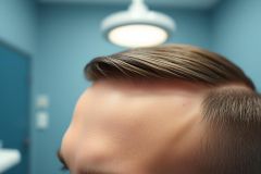 Close-up profile view of a person's face and hair in a medical setting. Blue walls and a bright surgical lamp are visible in the background. Focus on skin texture and hair detail, suggesting dermatology or cosmetic procedures. Clean, clinical environment.