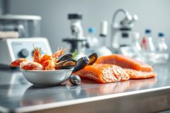 Seafood analysis in a laboratory setting. Fresh salmon fillets and shrimp with mussels are displayed in a white bowl on a lab bench, surrounded by scientific equipment. Focus on food science, research, and quality control. Cool blue and orange tones dominate the scene.