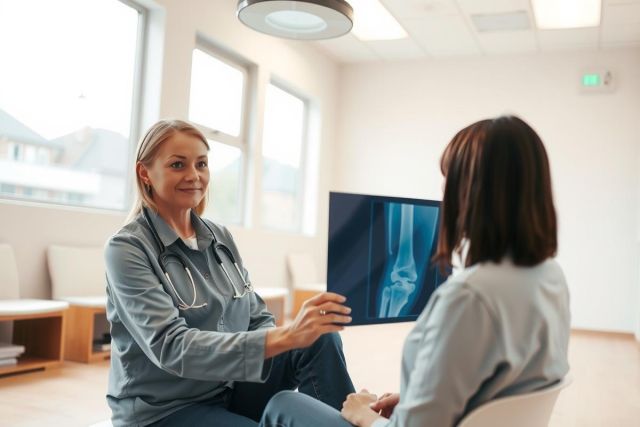 A doctor discusses X-ray results with a patient in a clinic setting. In the image, a uniformed healthcare professional points to a knee X-ray. Healthcare, diagnosis, and patient consultation are key themes.