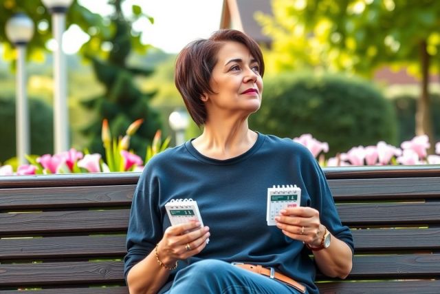 The image features a woman sitting on a park bench outdoors. She is dressed casually and appears to be engaged in a conversation or taking a break. The environment suggests a pleasant, sunny day in a public park setting with lush greenery.