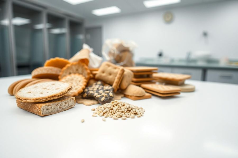 Assortment of crackers and seeds on a white table. Various shapes, colors, and textures of baked goods are displayed against a blurred, modern office background. Focus on food, snacks, and textures. A close-up shot of baked goods.