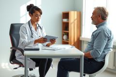 Doctor consults with a patient in a clinic. The healthcare professional wears a white coat and stethoscope, reviewing information on a tablet. A warm, professional setting.