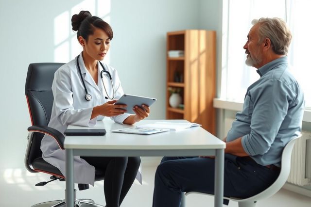 Doctor consults with a patient in a clinic. The healthcare professional wears a white coat and stethoscope, reviewing information on a tablet. A warm, professional setting.