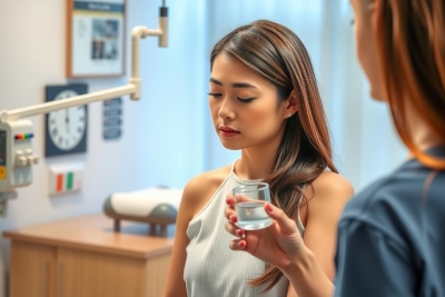 The image shows a medical setting with two women in the frame. One woman, wearing a sleeveless top and holding a glass of water, is seated at a dental chair. She appears to be a patient awaiting treatment. Another woman, likely a healthcare professional based on her attire, stands over her, engaged in conversation or instructions related to the patient's care.