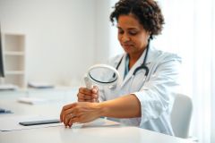 A female doctor in a white coat and stethoscope examines a patient's wrist with a magnifying glass in a bright, modern medical office. The scene conveys healthcare, diagnosis, and medical examination. Light blue and white tones dominate the image.