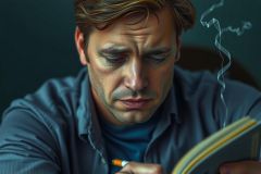 A man in a gray shirt is reading a book while sitting on a chair. He appears to be focused and contemplative, with his gaze directed downward towards the book. The setting appears to be indoors with a warm and quiet ambiance.