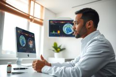 Male doctor in a white coat examines a screen displaying medical images. Bright natural light illuminates the scene with a modern office setting.