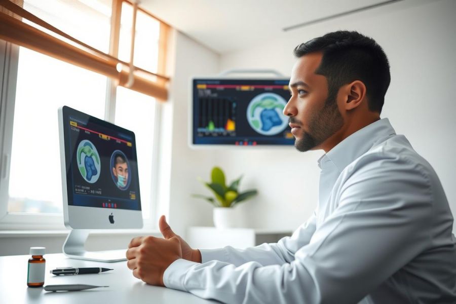Male doctor in a white coat examines a screen displaying medical images. Bright natural light illuminates the scene with a modern office setting.