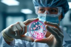 Scientist in lab coat and gloves examines pink bacterial colonies in a petri dish. Close-up showcasing research, microbiology, and lab work. Bright pink hues against a sterile environment.