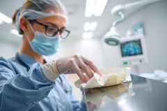 Healthcare worker in scrubs and gloves prepares a sterile field in a lab setting. Focus on hygiene and precision. Blue, white, and silver tones dominate the scene.