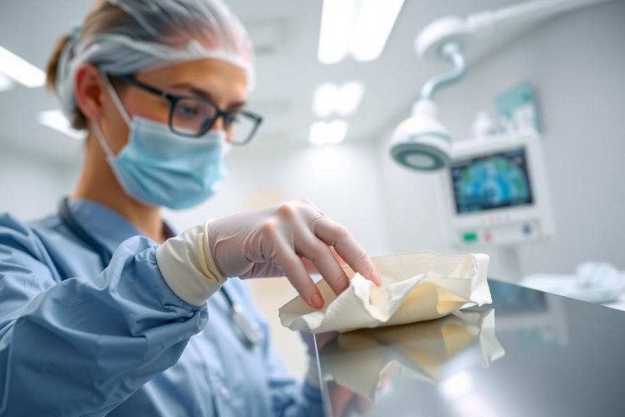 Healthcare worker in scrubs and gloves prepares a sterile field in a lab setting. Focus on hygiene and precision. Blue, white, and silver tones dominate the scene.