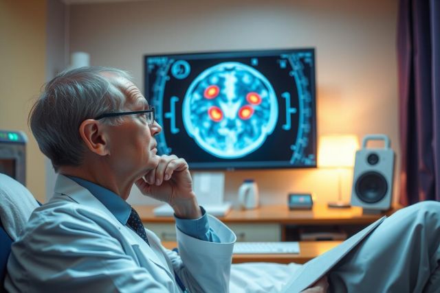 The image features an elderly male doctor in a hospital setting. He is sitting comfortably with his chin resting on his hand, reflecting a contemplative or thoughtful expression. 
