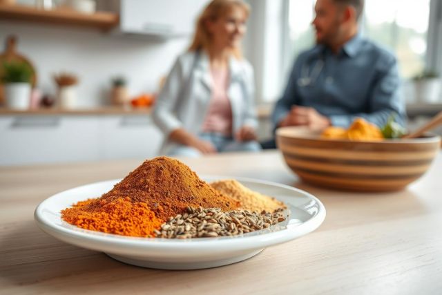 Close-up of a white plate with vibrant orange turmeric powder, brown spices, and grains. A couple is blurred in the background within a bright, modern kitchen setting, suggesting healthy eating and cooking at home. Warm colors and natural light create a cozy atmosphere.