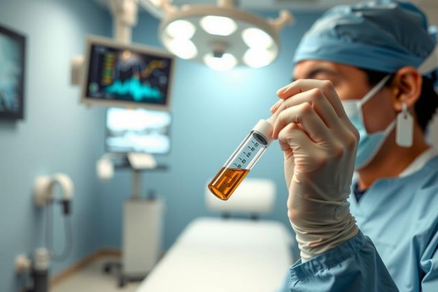 A medical professional in scrubs and a mask examines a vial of liquid in a brightly lit operating room. Focus is on the vial, suggesting analysis or lab work. Blue and white environment.