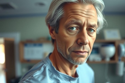 The image features a middle-aged man with gray hair and a beard. He is wearing a blue shirt and appears to be in a medical or hospital setting, as indicated by the blurred background that includes what might be medical equipment.