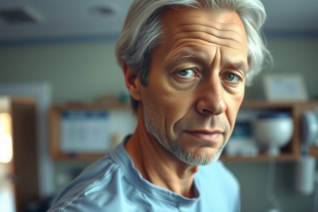 The image features a middle-aged man with gray hair and a beard. He is wearing a blue shirt and appears to be in a medical or hospital setting, as indicated by the blurred background that includes what might be medical equipment.