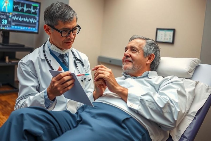 This image depicts a medical consultation setting. Two men are present; one, sitting on an examination bed, appears to be the patient receiving health advice or instructions from the other man standing beside him.