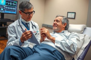This image depicts a medical consultation setting. Two men are present; one, sitting on an examination bed, appears to be the patient receiving health advice or instructions from the other man standing beside him.