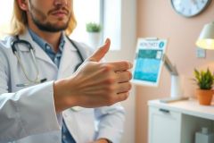 Doctor in a white coat gives a thumbs up in a clinic setting. The image shows a medical professional in a bright, modern office with plants and a window.