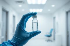 Close-up of a gloved hand holding a vial of vaccine in a sterile, modern laboratory setting. Blue tones and bright lighting highlight the medical context; representing healthcare, research, and pharmaceutical science.