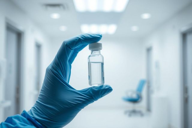 Close-up of a gloved hand holding a vial of vaccine in a sterile, modern laboratory setting. Blue tones and bright lighting highlight the medical context; representing healthcare, research, and pharmaceutical science.
