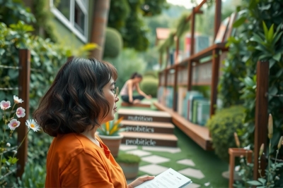 The image shows a young woman standing in an outdoor setting that appears to be a botanical garden or a park. She is wearing an orange top and has dark hair styled in bangs. 